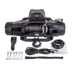 Pachetul troliu EMD Winch Dual Speed 13000 lbs pentru Toyota Hilux Invincible (2021-2025), cu accesorii incluse.