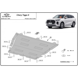 Schemă tehnică de montaj pentru scutul de 2mm la Chery Tiggo 9 (2024-2026).