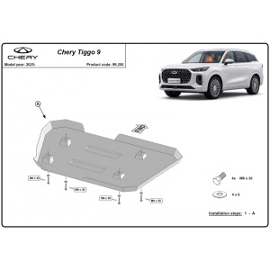 Schemă de montaj pentru scutul de rezervor 2mm la Chery Tiggo 9, cu șuruburi incluse.