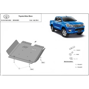Ilustrație tehnică a scutului de reductor cu instrucțiuni de montaj pentru Toyota Hilux Invincible (2021-2023).