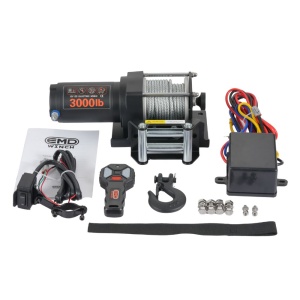 Toate componentele incluse pentru troliul electric ATV EMD Winch 3000lbs, cu cablu de oțel de 13m.