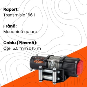 Troliu electric EMD Winch 4500lbs (2041kg), 12V, cablu otel 15m, raport 166:1 - Img 2