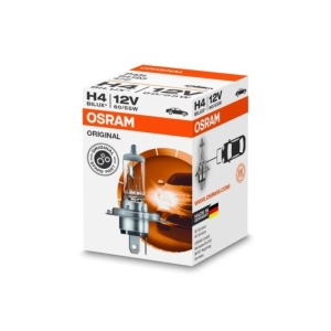Ambalajul becului halogen Osram H4 12V 60/55W, cu detalii tehnice.