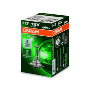Ambalajul becului Osram Ultra Life H7, cu detalii despre durată și performanță.