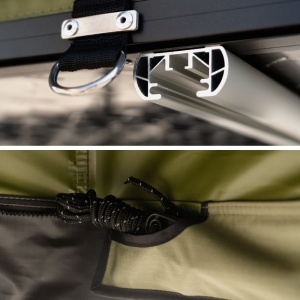 Detalii de prindere și material textil pentru cortul de acoperiș CampTalk Whisper 190.