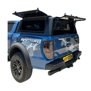 Hardtop negru pentru Ford Ranger, Wildtrak, Raptor (2023-2025), cu uși laterale rabatabile fără geam, panouri laterale exterioare multifuncționale, hayon cu geam fumuriu securizat rabatabil și geam frontal culisant AQM M80 - Img 4
