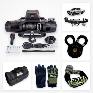 Pachet troliu Premium Dual Speed Toyota Hilux Invincible (2021-2025): troliu EMD Winch Dual Speed 13000 lbs, suport troliu dedicat și kit accesorii troliu