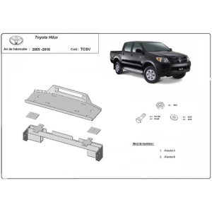 Schemă tehnică a suportului de troliu dedicat pentru Toyota Hilux (2005-2016), cu detalii de montaj.