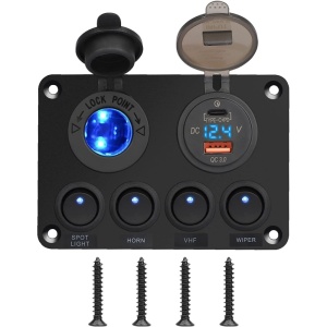 Panou cu 4 comutatoare basculante și priză auxiliară auto, USB QC3.0, USB Type-C, voltmetru digital, ORE4x4