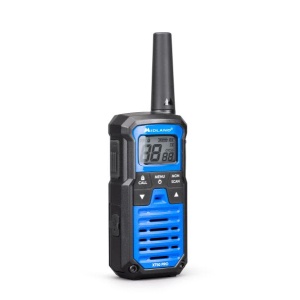 Vedere din unghi a stației PMR Midland XT50 PRO, arătând designul ergonomic și antena compactă.