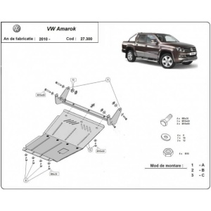 Desen tehnic de montaj al scutului de motor pentru Volkswagen Amarok (2010-2020).