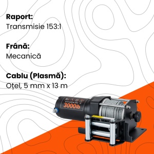 Troliu electric EMD Winch 3000lbs (1361kg), 12V, cablu otel 13m, raport 153:1 - Img 2