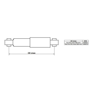 Schemă tehnică de compatibilitate pentru amortizorul Nissan Qashqai I/II, indicând lungimea maximă OE.