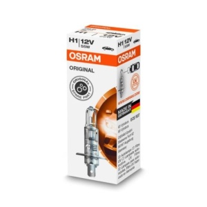 Ambalajul original al becului Osram H1, fabricat în Germania.