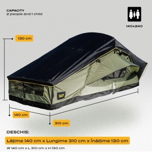 Dimensiunile cortului de acoperiș CampTalk Whisper 140, deschis.