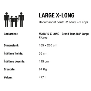 Cort de acoperis auto Maggiolina Grand Tour 360 Alb X-Long, textil gri închis, 4 persoane, 84 kg, 165 x 230 x 36/115 cm Autohome