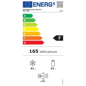 Eticheta energetică a frigiderului EMD4x4, indicând clasa de eficiență F și 41 L.