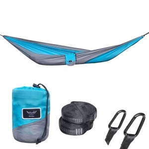 Hamac de camping hikerjoy recycled albastru cu gri, material rPET sustenabil, capacitate 225 kg, Hikerjoy