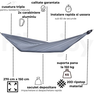 Hamac ultra ușor hikerjoy gri, 20D ripstop nylon, 150 kg, Hikerjoy