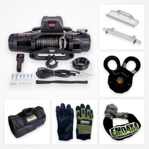 Pachet troliu Premium Dual Speed Ford Ranger (2010-2023): troliu EMD Winch Dual Speed 13000 lbs, suport troliu dedicat și kit accesorii troliu