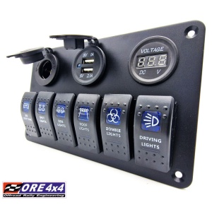 Panou cu 6 comutatoare tip Carling universal cu porturi USB, priză brichetă și voltmetru 12V, iluminare albastră, ORE4x4 - Img 3