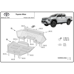 Schemă tehnică de montaj pentru scutul Scut Protection Toyota Hilux 2026.