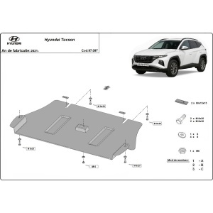Schemă tehnică de montaj cu piesele incluse pentru scutul Hyundai Tucson 2021-2026.