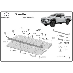 Schemă tehnică de montaj pentru scutul de protecție Toyota Hilux 2026+.