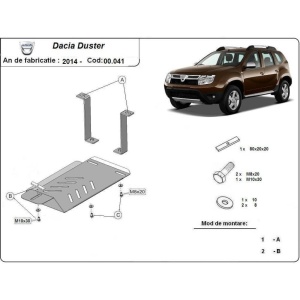 Desen tehnic cu detalii de fixare pentru scutul de rezervor la Dacia Duster 1 (2014-2017).