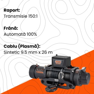 Detalii tehnice despre raportul de transmisie, frână și cablul sintetic al troliului.