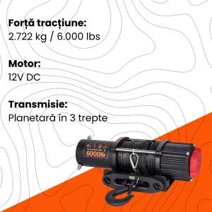 Schemă tehnică a troliului EMD Winch 6000lbs, evidențiind forța de tracțiune de 2722kg.