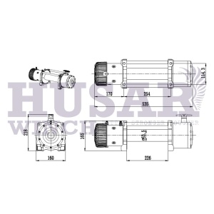 Schemă tehnică detaliată a dimensiunilor troliului Husar Winch 12000lbs.
