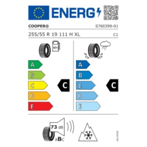 Eticheta energetică UE pentru anvelopa Cooper, cu eficiență și aderență.