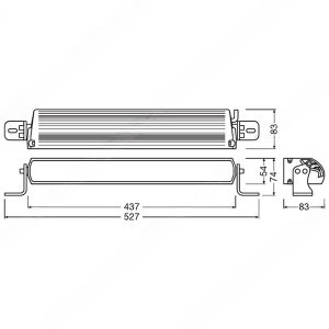 Schema tehnică cu dimensiunile exacte ale barei LED OSRAM FX500-SP de 43.7cm.
