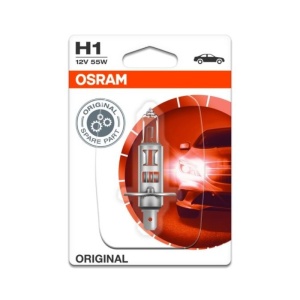 Ambalajul original Osram al becului H1 de 12V 55W.