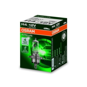 Ambalajul becului H4 Ultra Life, cu detalii despre garanție.