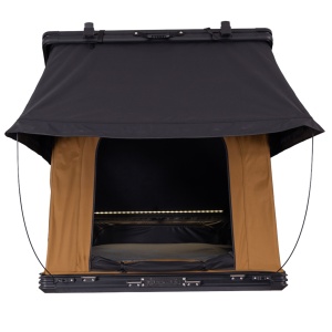 Cort de acoperiș auto, 2 persoane, Hard Top Aluminiu, 210 x 130 cm, 92 kg, Port încălzire Webasto, Bandă LED și Saltea Premium 7 cm cu strat anti-condens - Overlander Armor Top 2.0 Sahara