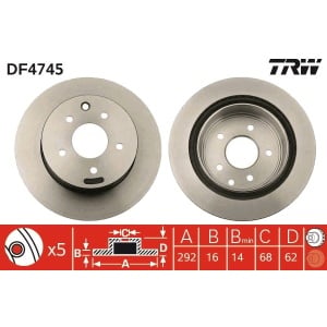 Schemă tehnică a discului de frână TRW DF4745, cu dimensiunile de 292mm, Nissan Qashqai I.