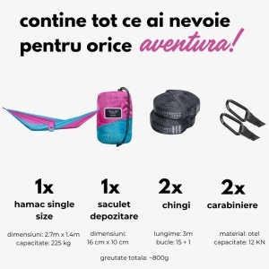 Hamac portabil din nylon tip parașută hikerjoy, 225 kg, Pink Sky Blue, Hikerjoy