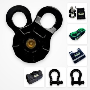 Kit recuperare cu troliu EMD4x4 Pro: scripete troliu 10t, set ocheți sintetici 17t, chingă tractare 3 m, greutate cablu, 2 ocheți 6,5t și geantă