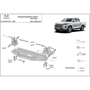 Schemă de montaj a suportului de troliu dedicat pentru SsangYong Musso Grand cu radar (2022-2026).