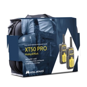 Vedere detaliată a ambalajului setului de stații Midland XT50 PRO și a genții incluse.