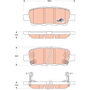 Schemă tehnică detaliată cu dimensiunile plăcuțelor de frână TRW pentru Nissan Qashqai.