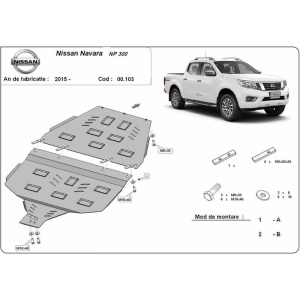 Diagramă de montaj detaliată pentru scutul de cutie de viteze la Nissan Navara NP300 (2015-2023).