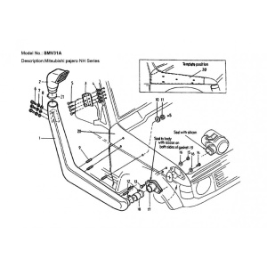 Schemă de instalare pentru snorkelul ORE4x4, compatibil cu Jeep Cherokee KJ Liberty (2001-2007).