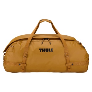 Vedere frontală a genții duffel Thule Chasm, 130L, cu logo-ul brandului vizibil.