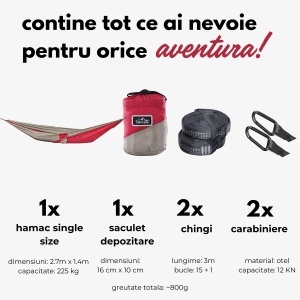 Hamac hikerjoy, nylon tip parașută 210T, capacitate 225 kg, burgundy hikerjoy