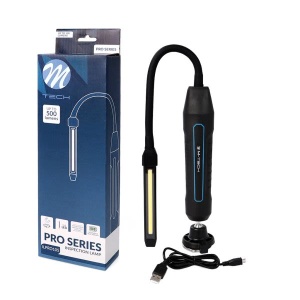 M-Tech ILPRO105, lampa de lucru LED prezentată cu ambalajul și cablul de încărcare USB.
