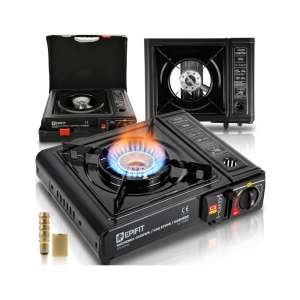 Aragaz de camping portabil Epifit SPARK100 de 2500 W, cu flacăra aprinsă.