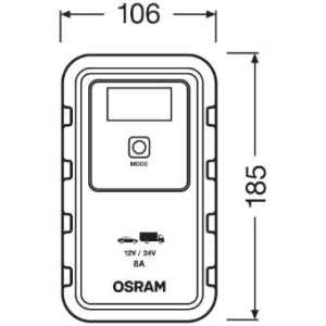 Desen tehnic cu dimensiunile redresorului inteligent baterie auto Osram BATTERYcharge 908, Redresor inteligent.